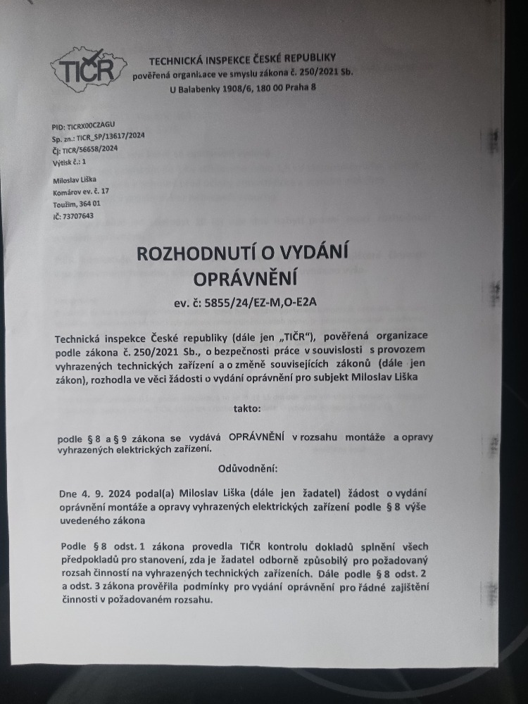 Rozhodnutí o vydání oprávnění TIČR